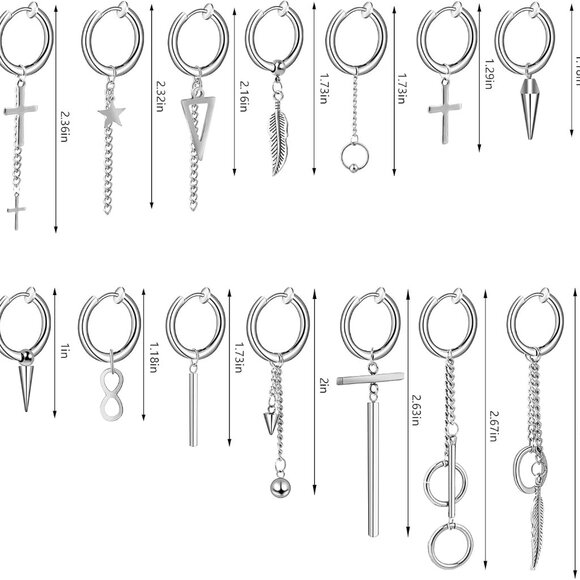 20 Pcs Silver Stainless Steel Non-Piercing Dangle Hoop Earrings for Men, Gift Bo - Picture 2 of 7